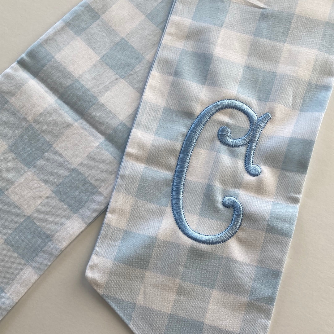 Custom Monogram Light Blue Buffalo Check Wreath Sash