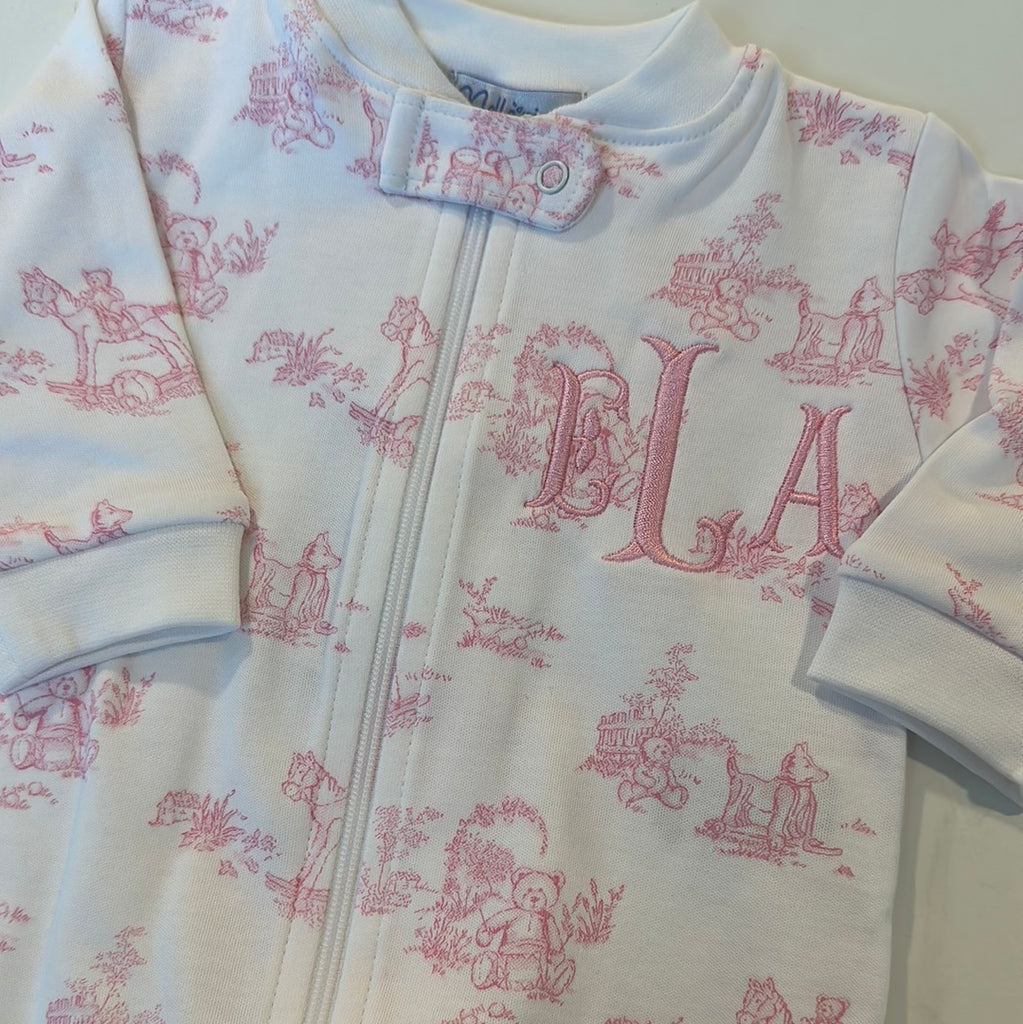 PINK TOILE ZIPPER FOOTIE – Southern Sorelle Embroidery Boutique