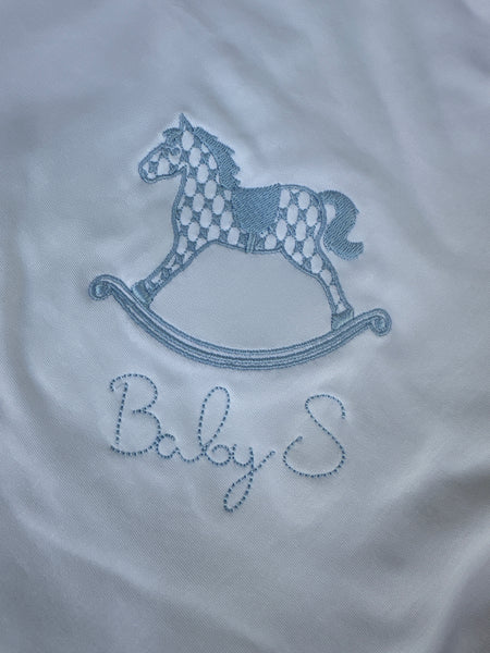 BABY JOY RECEIVING BLANKET WITH BLUE CROCHET TRIM