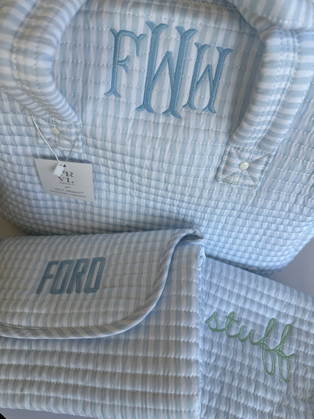 BLUE PIMLICO STRIPE BUNDLE - QUILTED ALL YOU NEED BAG + CHANGING MAT + EVERYDAY BAG