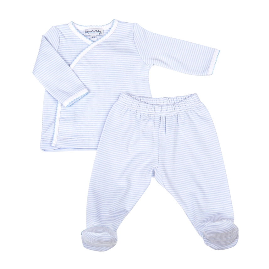 BLUE MINI STRIPES KIMONO FOOTED PANT SET