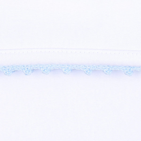 BABY JOY FOOTIE WITH BLUE CROCHET TRIM