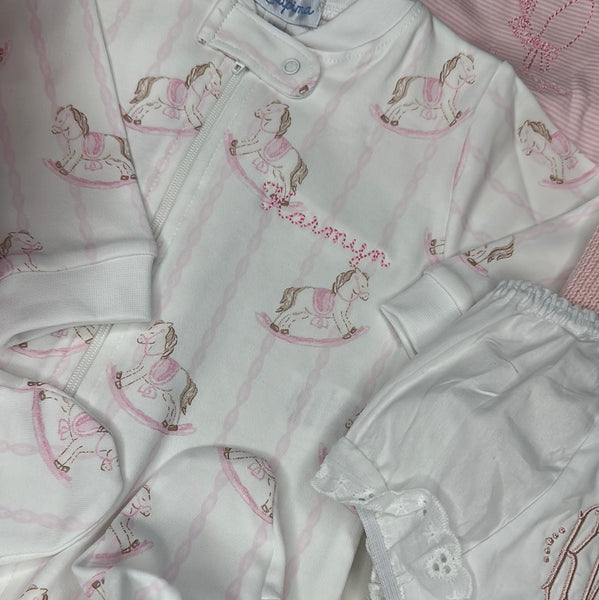 PINK ROCKING HORSE ZIPPER FOOTIE