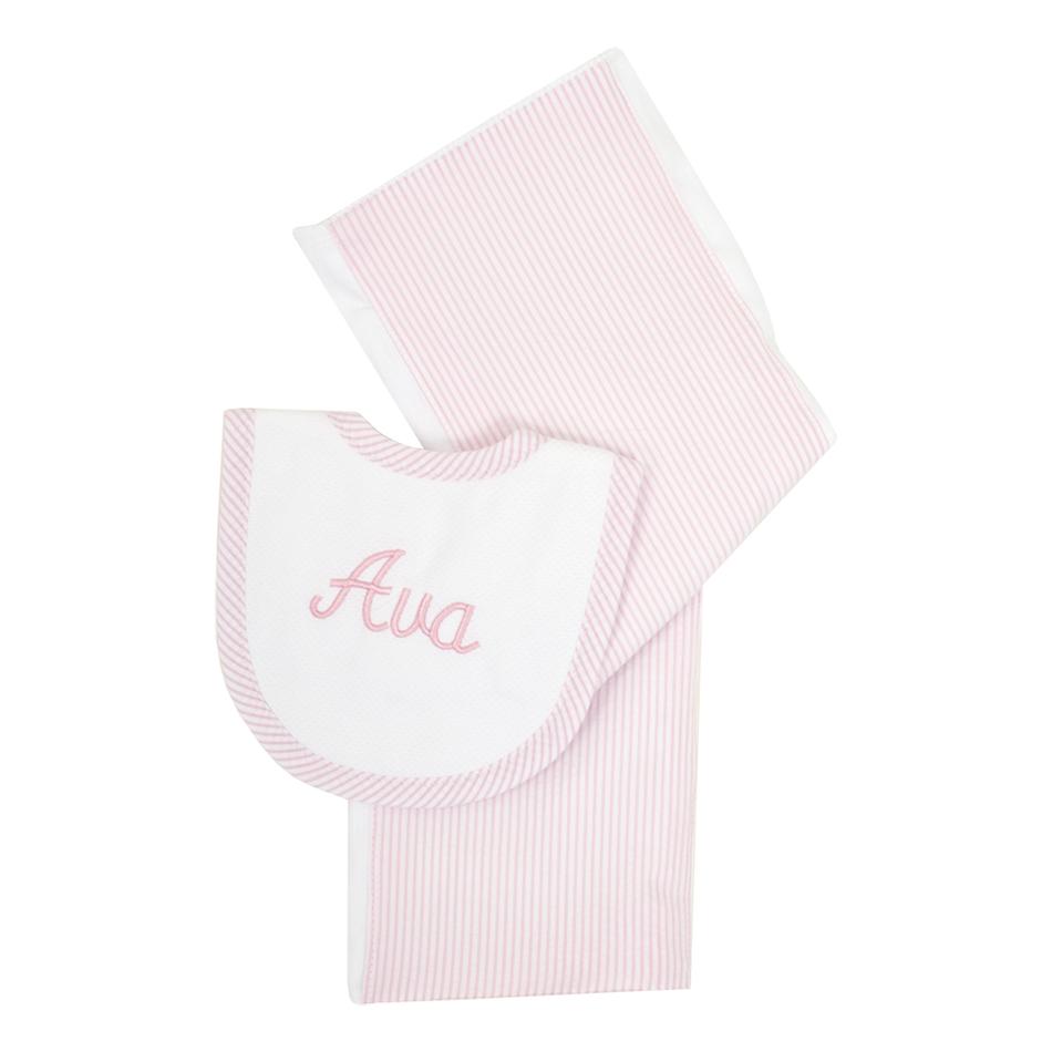 SEERSUCKER STRIPE DROOLER BIB & BURP SET - PINK