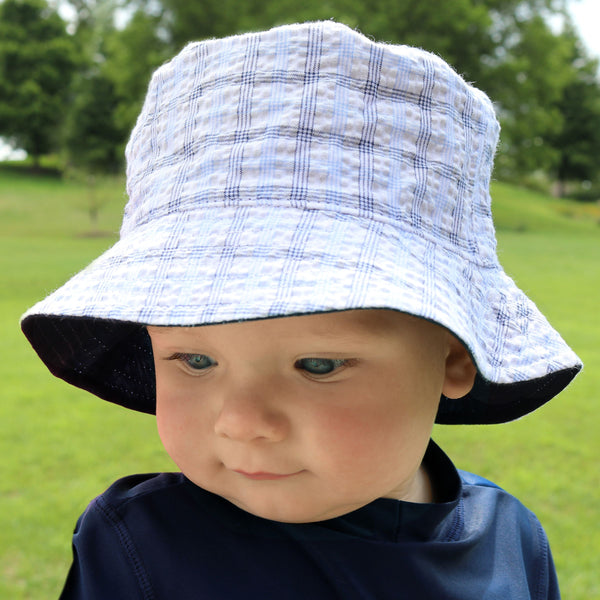 Boys Reversible Blue Plaid Print Sun Hat