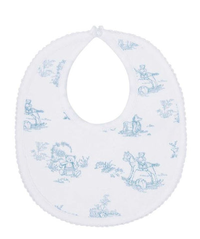 CUSTOM Name Embroidered Reversible Bib French Blue Toile 