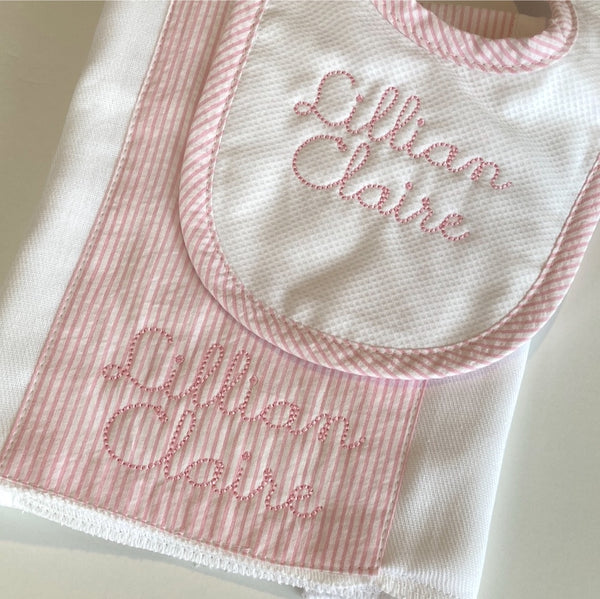 SEERSUCKER STRIPE DROOLER BIB & BURP SET - PINK