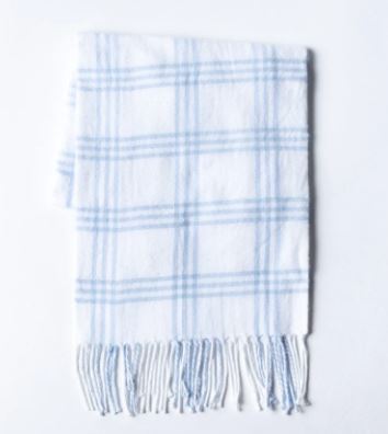 Window Pane Check Flannel with Fringe - White w/Blue